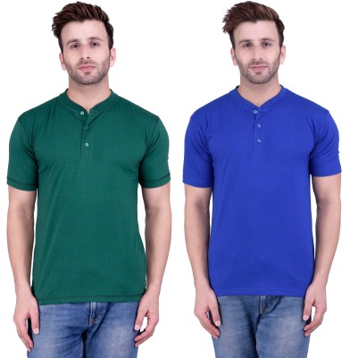 weardo Solid Men Henley Neck Green, Blue T-Shirt