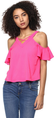 HARPA Casual Short Sleeve Solid Women Pink Top