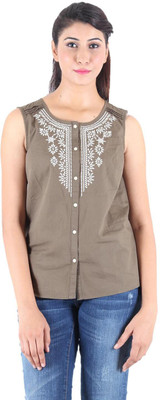 KOTTY Party Sleeveless Self Design Women Brown Top