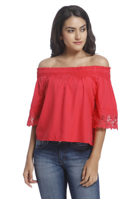 ONLY Casual 3/4 Sleeve Solid Women Red Top ONLY Casual 3/4 Sleeve Solid Women Red Top