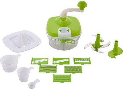 

jony Chopper(1 x Main Bowl 1 x Chopping Blade 1 x Knob Handle 1 x Shaft Top Cabinet with 2 Speed Gear 1 x Thin Slicer 1 x Thick Slicer 1 x Thin Shredder 1 x Thick Shredder 1 x Chips Slicer 1 x Grater 1 x Holder 1 x Atta Kneader Blade 3 x Measuring Cups fo