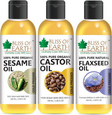 

Bliss Of Earth Organic Castor Oil, Sesame Oil & Flaxseed Oil (100ML Each) Coldpressed & Unrefined Combo Set