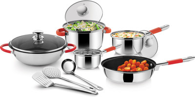 

Ideale Induction Bottom Cookware Set(Stainless Steel, 11 - Piece), Red;steel