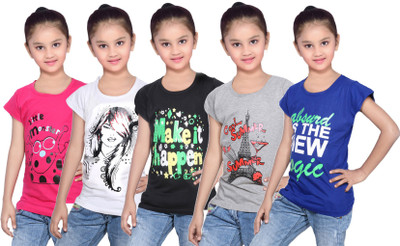 

IndiWeaves Girls Printed Cotton T Shirt(Blue, Pack of 5, Black;blue;grey;pink;white