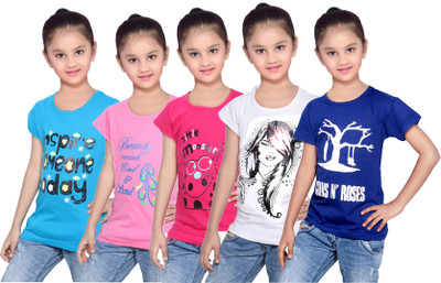 

IndiWeaves Girls Printed Cotton T Shirt(Blue, Pack of 5, Blue;pink;white