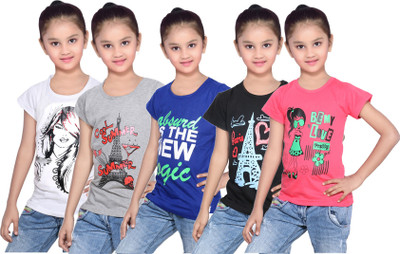

IndiWeaves Girls Printed Cotton T Shirt(Red, Pack of 5, Black;blue;grey;red;white
