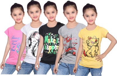 

IndiWeaves Girls Printed Cotton T Shirt(Yellow, Pack of 5, Black;grey;pink;white;yellow