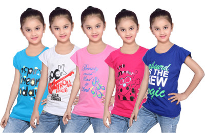 

IndiWeaves Girls Printed Cotton T Shirt(Blue, Pack of 5, Blue;pink;white