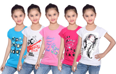 

IndiWeaves Girls Printed Cotton T Shirt(White, Pack of 5, Blue;pink;white
