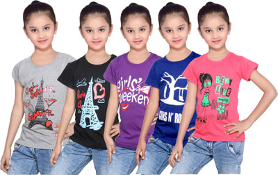 

IndiWeaves Girls Printed Cotton T Shirt(Red, Pack of 5, Black;blue;grey;purple;red