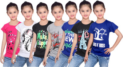 IndiWeaves Girls Printed Cotton T Shirt(Multicolor, Pack of 7