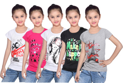 

IndiWeaves Girls Printed Cotton T Shirt(Grey, Pack of 5, Black;grey;pink;white
