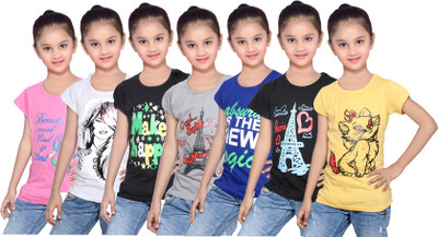 

IndiWeaves Girls Printed Cotton T Shirt(Multicolor, Pack of 7