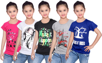 

IndiWeaves Girls Printed Cotton T Shirt(Blue, Pack of 5, Black;blue;grey;pink;white