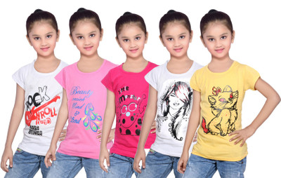 

IndiWeaves Girls Printed Cotton T Shirt(Yellow, Pack of 5, Pink;white;yellow