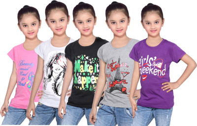 

IndiWeaves Girls Printed Cotton T Shirt(Purple, Pack of 5, Black;grey;pink;purple;white