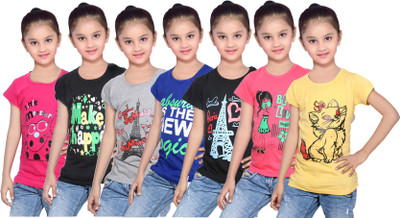 

IndiWeaves Girls Printed Cotton T Shirt(Multicolor, Pack of 7