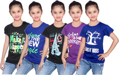 

IndiWeaves Girls Printed Cotton T Shirt(Blue, Pack of 5, Black;blue;purple