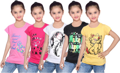 

IndiWeaves Girls Printed Cotton T Shirt(Yellow, Pack of 5, Black;pink;white;yellow