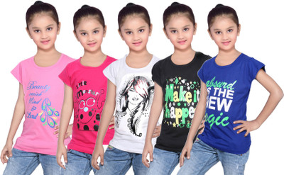 

IndiWeaves Girls Printed Cotton T Shirt(Blue, Pack of 5, Black;blue;pink;white