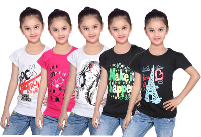 

IndiWeaves Girls Printed Cotton T Shirt(Black, Pack of 5, Black;pink;white