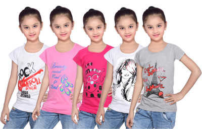 

IndiWeaves Girls Printed Cotton T Shirt(Grey, Pack of 5, Grey;pink;white
