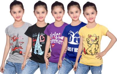 

IndiWeaves Girls Printed Cotton T Shirt(Yellow, Pack of 5, Black;blue;grey;purple;yellow