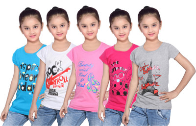 

IndiWeaves Girls Printed Cotton T Shirt(Grey, Pack of 5, Blue;grey;pink;white