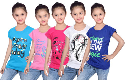 

IndiWeaves Girls Printed Cotton T Shirt(Blue, Pack of 5, Blue;pink;white