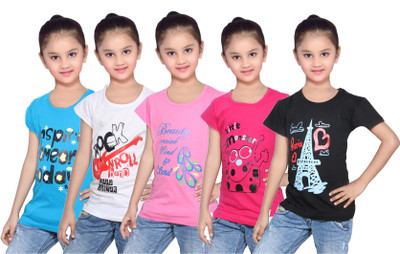 

IndiWeaves Girls Printed Cotton T Shirt(Black, Pack of 5, Black;blue;pink;white