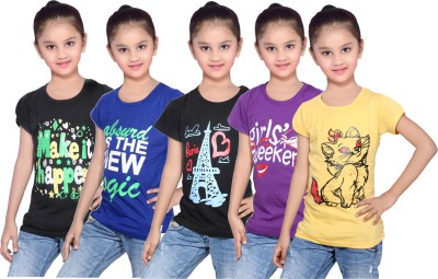 

IndiWeaves Girls Printed Cotton T Shirt(Yellow, Pack of 5, Black;blue;purple;yellow