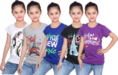 

IndiWeaves Girls Printed Cotton T Shirt(Purple, Pack of 5, Black;blue;grey;purple;white