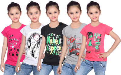 

IndiWeaves Girls Printed Cotton T Shirt(Red, Pack of 5, Black;grey;pink;red;white
