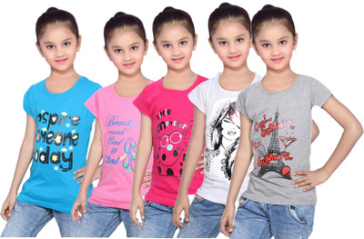 

IndiWeaves Girls Printed Cotton T Shirt(Grey, Pack of 5, Blue;grey;pink;white