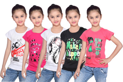 

IndiWeaves Girls Printed Cotton T Shirt(Red, Pack of 5, Black;pink;red;white
