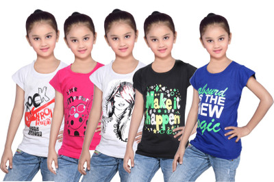 

IndiWeaves Girls Printed Cotton T Shirt(Blue, Pack of 5, Black;blue;pink;white