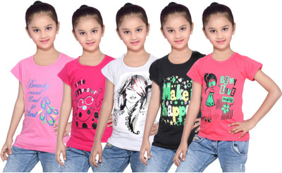 

IndiWeaves Girls Printed Cotton T Shirt(Red, Pack of 5, Black;pink;red;white