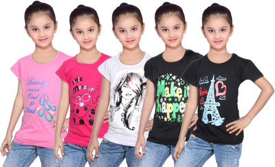 

IndiWeaves Girls Printed Cotton T Shirt(Black, Pack of 5, Black;pink;white