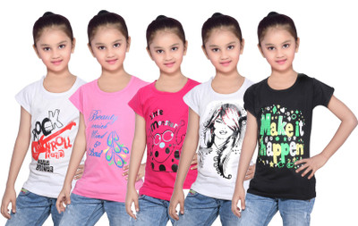 

IndiWeaves Girls Printed Cotton T Shirt(Black, Pack of 5, Black;pink;white