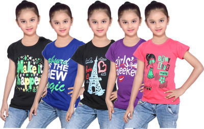 

IndiWeaves Girls Printed Cotton T Shirt(Red, Pack of 5, Black;blue;purple;red
