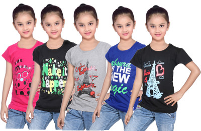 

IndiWeaves Girls Printed Cotton T Shirt(Black, Pack of 5, Black;blue;grey;pink