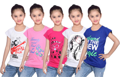 

IndiWeaves Girls Printed Cotton T Shirt(Blue, Pack of 5, Blue;pink;white