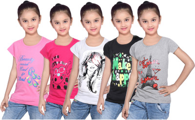 

IndiWeaves Girls Printed Cotton T Shirt(Grey, Pack of 5, Black;grey;pink;white