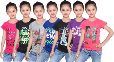 

IndiWeaves Girls Printed Cotton T Shirt(Multicolor, Pack of 7
