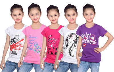

IndiWeaves Girls Printed Cotton T Shirt(Purple, Pack of 5, Pink;purple;white