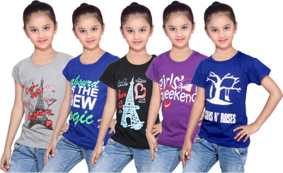 

IndiWeaves Girls Printed Cotton T Shirt(Blue, Pack of 5, Black;blue;grey;purple