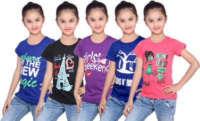 

IndiWeaves Girls Printed Cotton T Shirt(Red, Pack of 5, Black;blue;purple;red