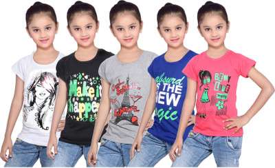 

IndiWeaves Girls Printed Cotton T Shirt(Red, Pack of 5, Black;blue;grey;red;white