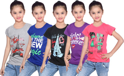 

IndiWeaves Girls Printed Cotton T Shirt(Red, Pack of 5, Black;blue;grey;purple;red