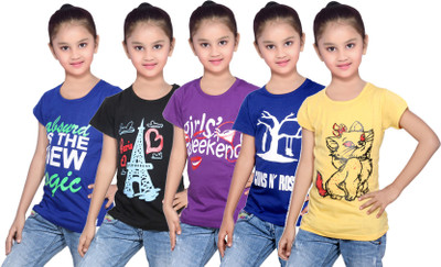 

IndiWeaves Girls Printed Cotton T Shirt(Yellow, Pack of 5, Black;blue;purple;yellow